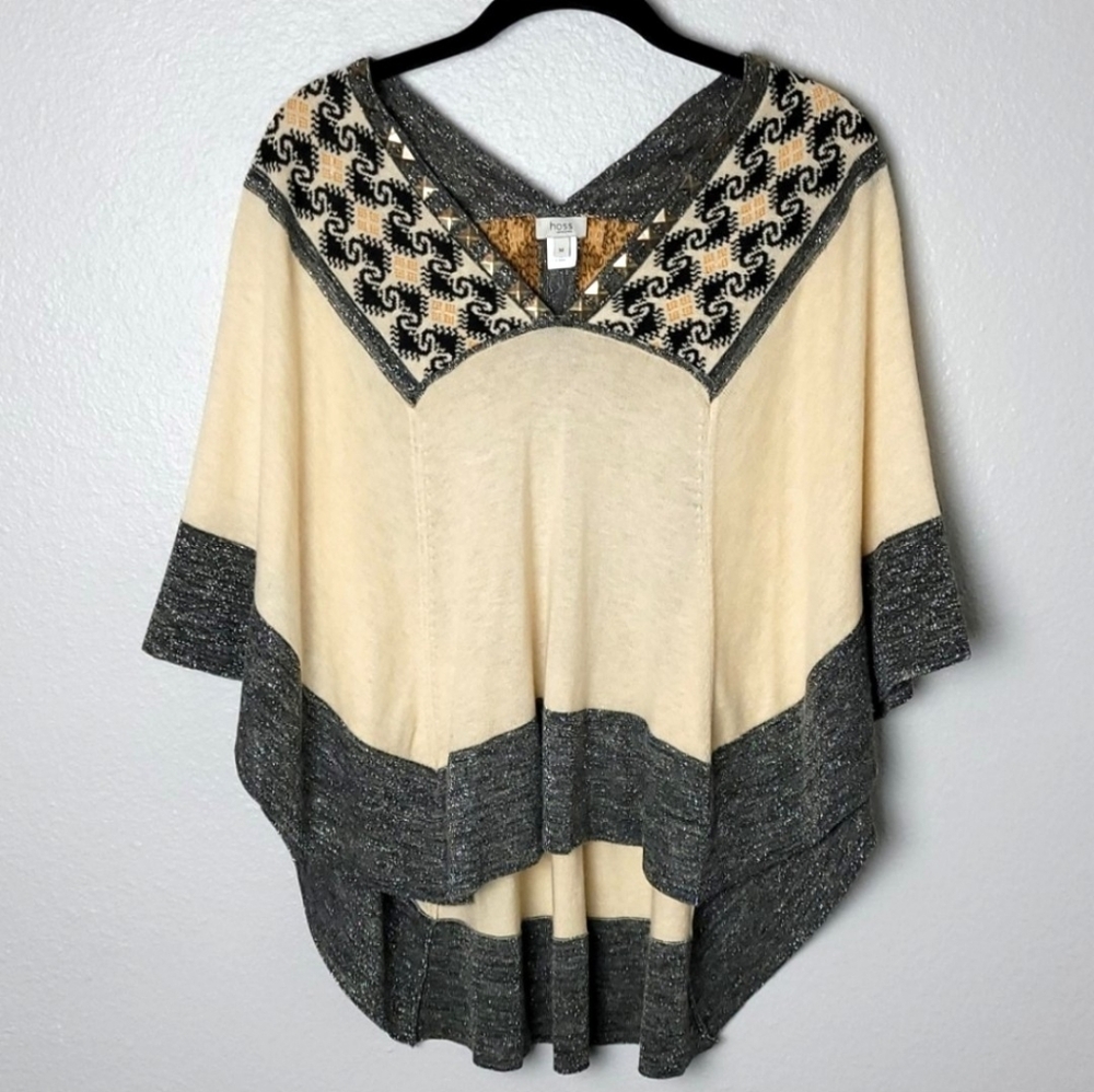 Hoss Intropia Boho Linen Blend Poncho Sweater Studded Neckline Size Medium